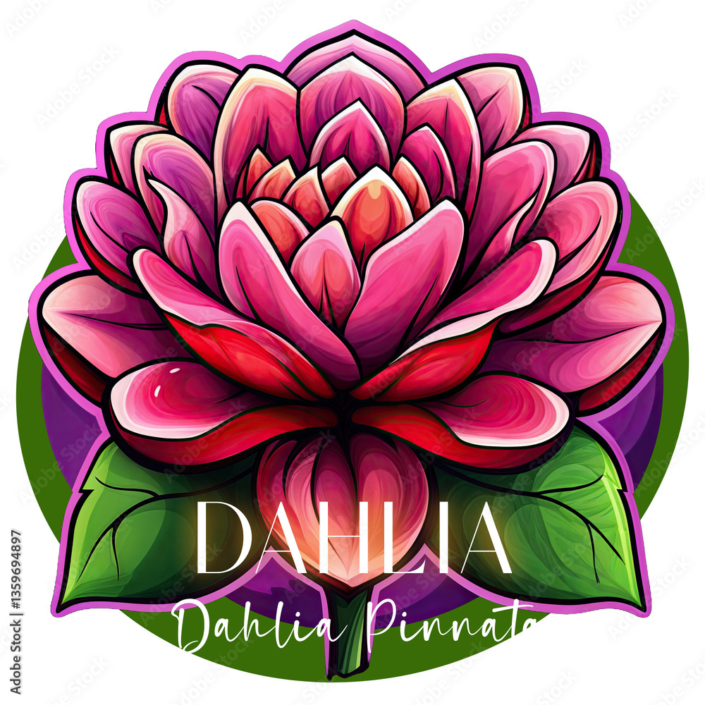 a colorful illustration of a Dahlia flower with the text