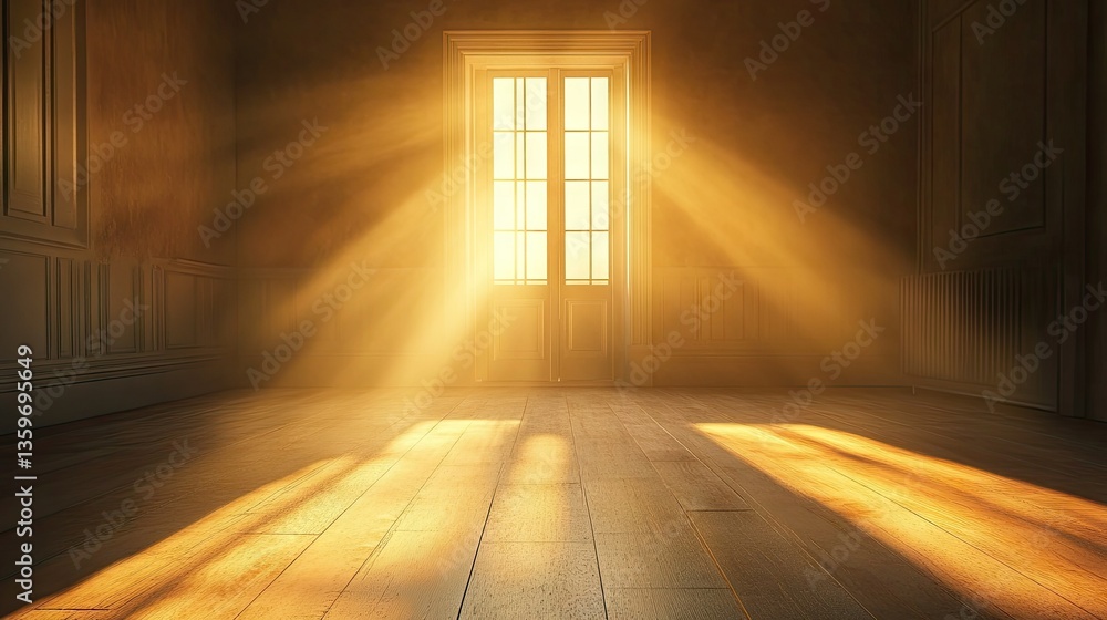 Sunlight pouring through the doorway into a spacious, empty room, creating a soft, radiant glow across the floor. Sunlight pouring through the doorway into a spacious, empty room, creating a soft, radiant glow across the floor.