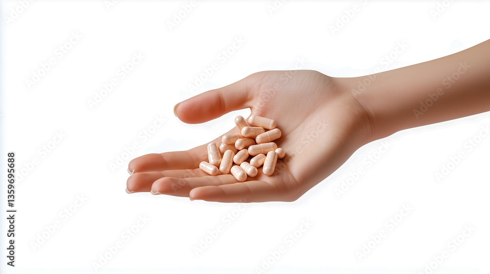 Obraz premium Hand holding capsules on white background 