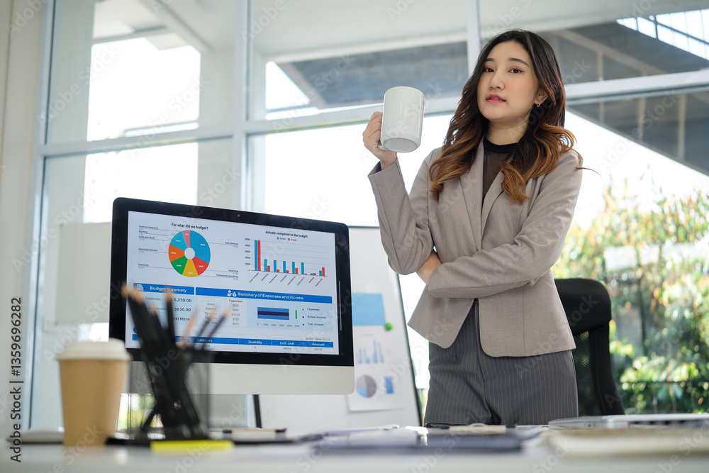 Poised and confident businesswoman stands in her modern office with a cup of coffee, analyzing budget reports on a computer screen. Poised and confident businesswoman stands in her modern office with a cup of coffee, analyzing budget reports on a computer screen.