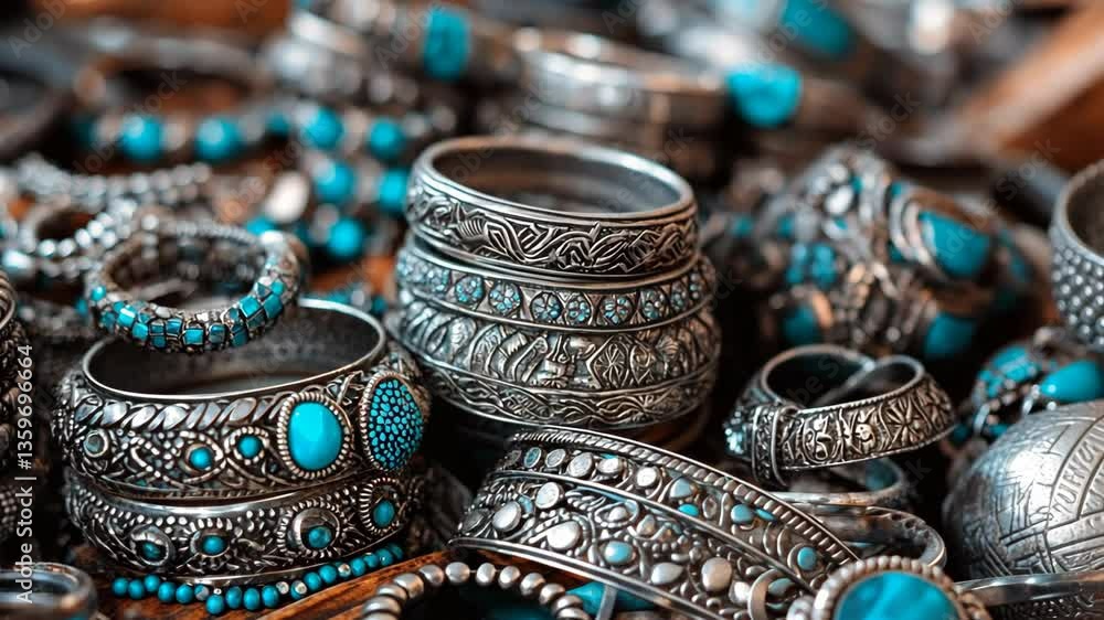 Intricately designed silver bangles with turquoise accents on a display Intricately designed silver bangles with turquoise accents on a display