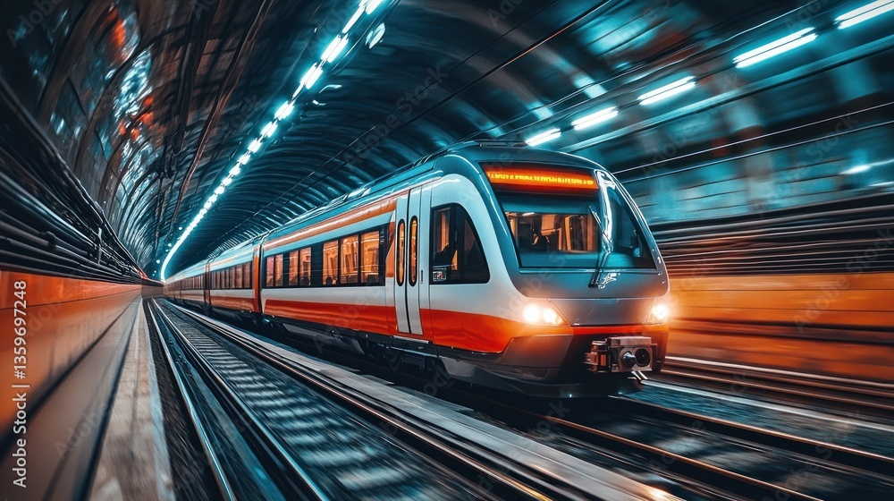 Obraz premium Futuristic Train Speeding Through Neon-Lit Tunnel with Modern Design