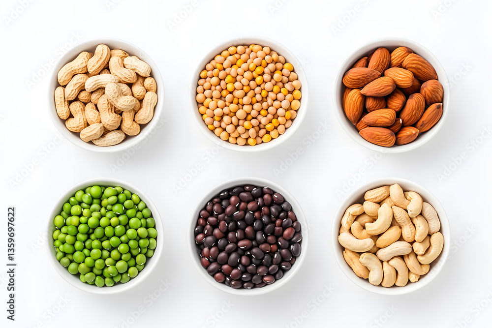 White bowls with nuts, peas, soybeans, cashews and peanuts, top view, isolated on white background, White bowls with nuts, peas, soybeans, cashews and peanuts, top view, isolated on white background,