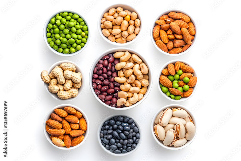 White bowls with nuts, peas, soybeans, cashews and peanuts, top view, isolated on white background, White bowls with nuts, peas, soybeans, cashews and peanuts, top view, isolated on white background,