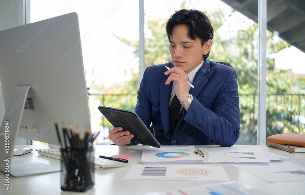 A professional executive deeply engaged in reviewing market trends on a digital tablet, surrounded by financial documents and graphs. A professional executive deeply engaged in reviewing market trends on a digital tablet, surrounded by financial documents and graphs.