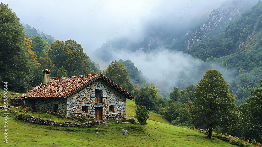Obraz premium Traditional Basque stone house in the heart of the Pyrenees surrounded by green pastures and mist covered mountains captured with a prime lens