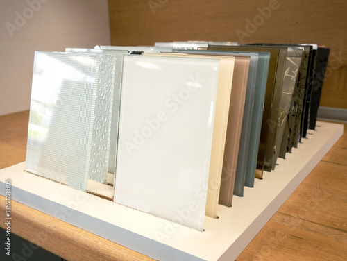 Glass samples for kitchen facades and other cabinet furniture. Furniture fittings, tempered glass