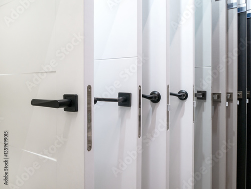 A set of interior doors with different types of handles and locks. Exhibition sale in the store