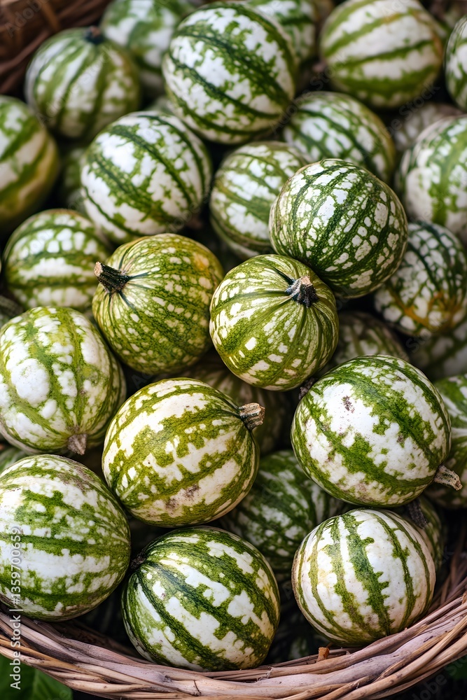 Fototapeta premium Striped Green and White Mini Pumpkins in Basket