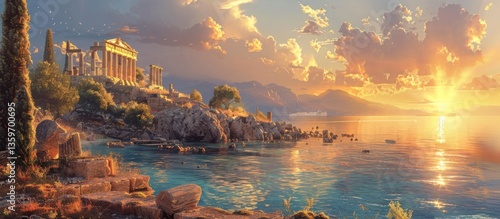 Ancient Greek coastal sunset, temple view, tranquil seascape