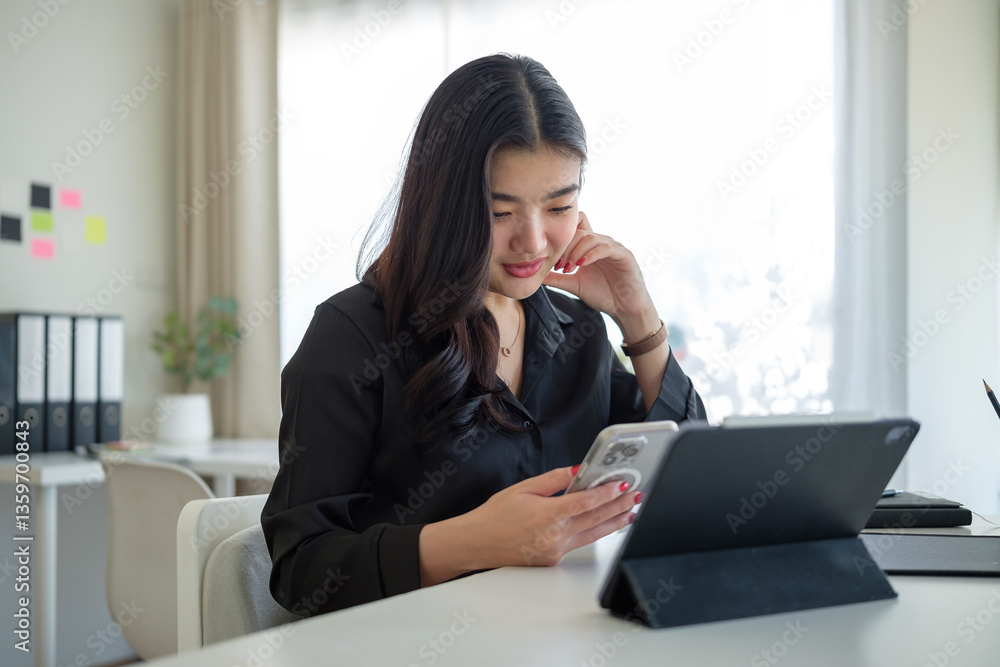 Professional woman balancing work and communication, checking her phone while engaging with her tablet in a well-lit and modern office environment. Professional woman balancing work and communication, checking her phone while engaging with her tablet in a well-lit and modern office environment.