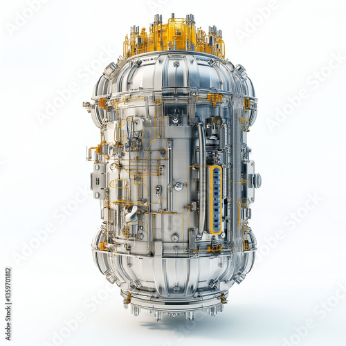 Small Modular Reactor nuclear grid energy. SMR. Electricity renewable sustainability safety. 3D Clip art. Detailed small modular reactor with a nuclear grid system design.