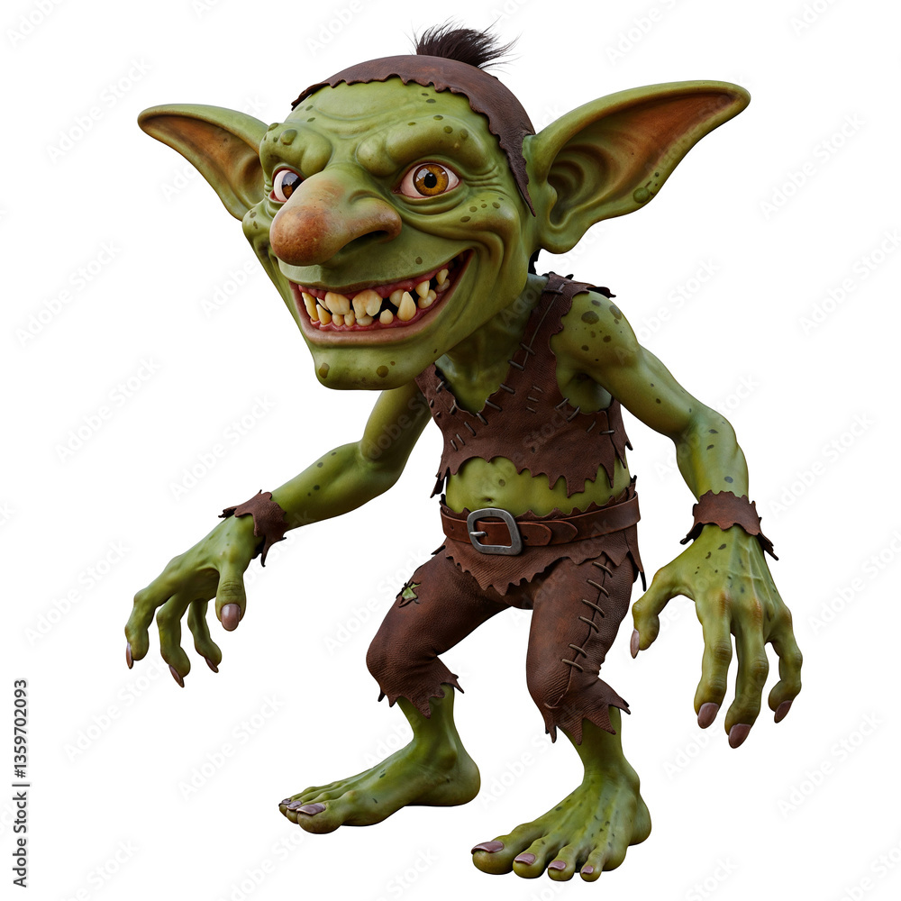 Fototapeta premium Mischievous green goblin character, fantasy creature with large ears and crooked smile, wearing brown leather outfit, 3D rendering for gaming or children's story illustration
