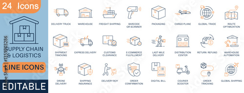 A set of 24 supply chain and logistics line icons, featuring delivery, warehouse automation, global shipping, and order tracking. For e-commerce, transportation, apps, websites, and business projects.
