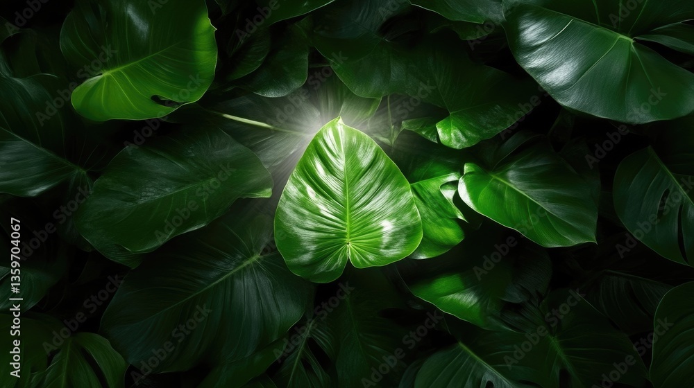 Obraz premium Lush tropical foliage, highlighted leaf