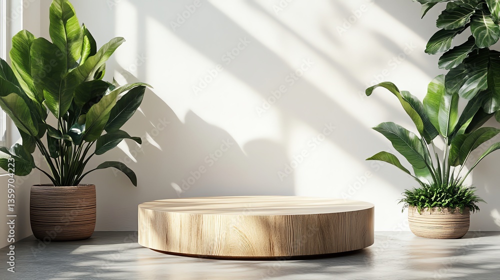 Serene Wooden Platform with Lush Tropical Plants in Sunlight Serene Wooden Platform with Lush Tropical Plants in Sunlight
