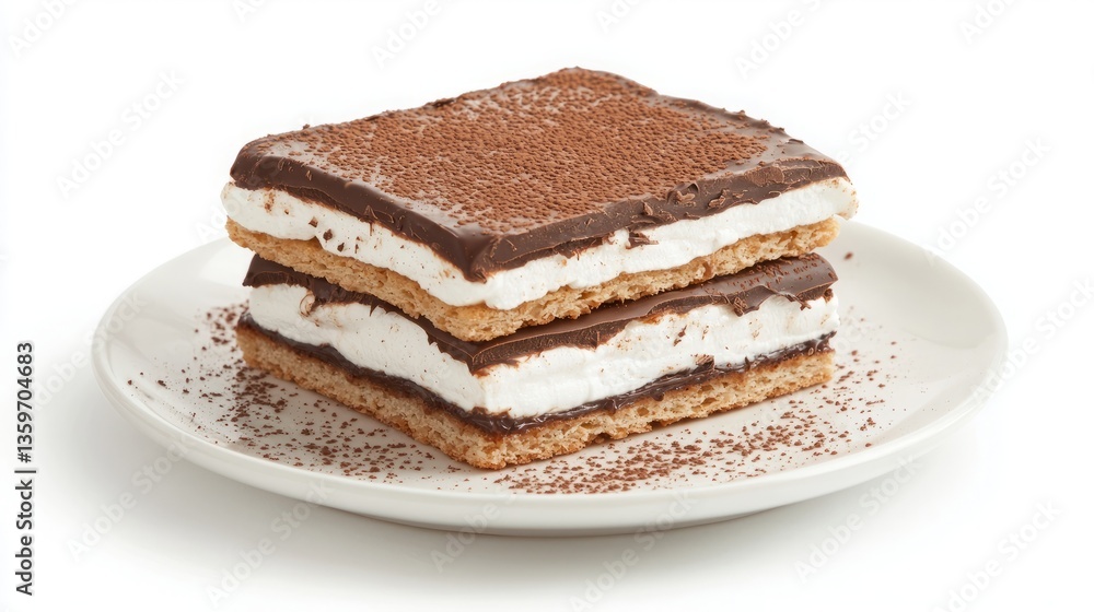 Dessert American rich soft. A delicious dessert featuring layers of chocolate, cream, and crunchy wafers, elegantly presented on a white plate. Dessert American rich soft. A delicious dessert featuring layers of chocolate, cream, and crunchy wafers, elegantly presented on a white plate.