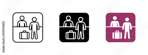 Check-in icon. Airport counter vector illustration. Passenger registration and baggage drop-off symbol. Travel and airline service sign for flight boarding and hospitality desk.