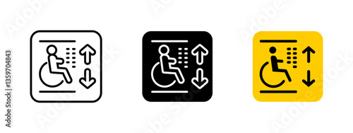 Elevator accessibility icon. Wheelchair lift vector illustration. Mobility assistance and vertical transportation symbol. Inclusive facility sign for disabled access and public infrastructure.