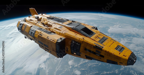 Pixel Art Spaceship In Orbit Around Earth