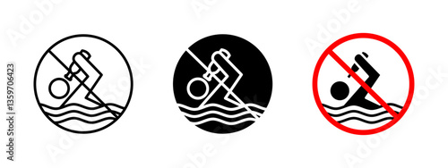 No swimming with alcohol icon. Water safety restriction sign prohibiting swimming under the influence. Warning symbol to prevent drowning and intoxication-related hazards in public water areas.
