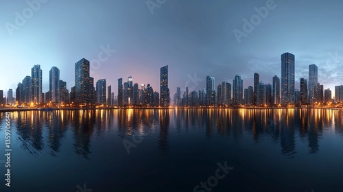 Wallpaper Mural Full HDRI equirectangular panorama of a glowing city skyline, tall buildings outlined in vibrant lights, reflections on nearby rivers or lakes adding depth  Torontodigital.ca