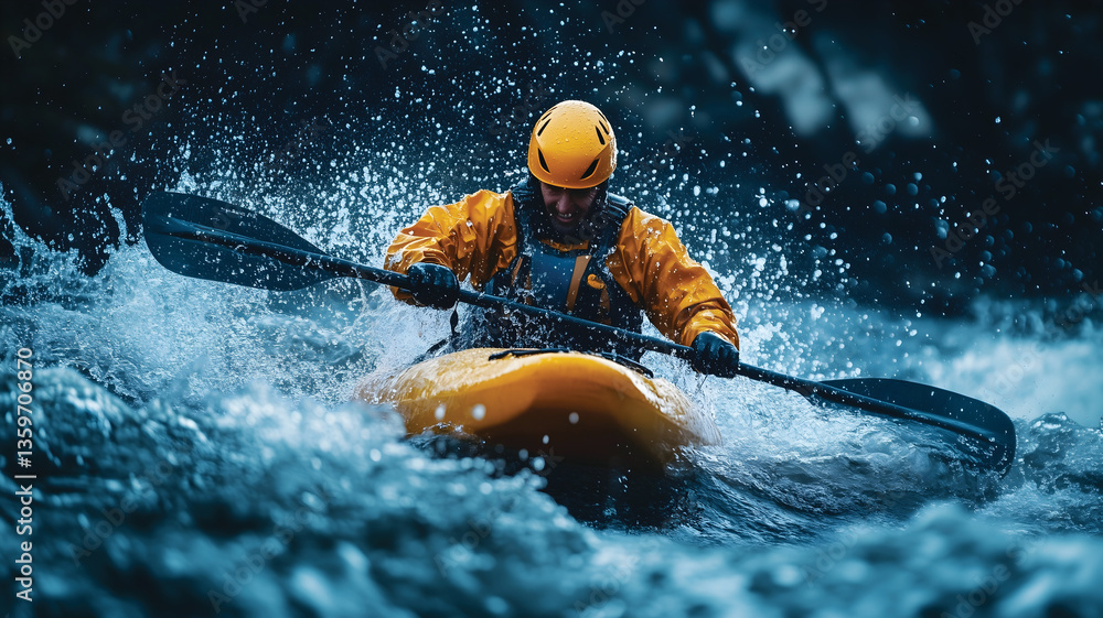 Fototapeta premium Extreme Kayaking Adventure: Paddler Navigating Rapids in Intense Whitewater