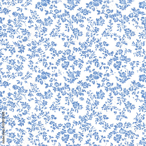 Blue and white french floral seamless pattern on a white background