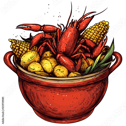 Crawfish Boil with Corn and Potatoes Illustration