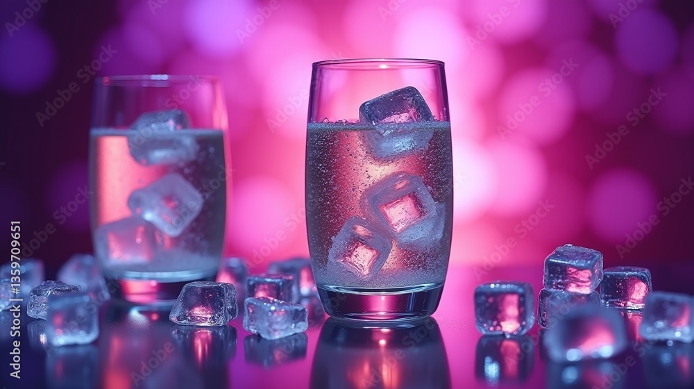Two glasses filled with icy beverage and cubes of ice on a reflective surface against a vibrant, bokeh background. Two glasses filled with icy beverage and cubes of ice on a reflective surface against a vibrant, bokeh background.