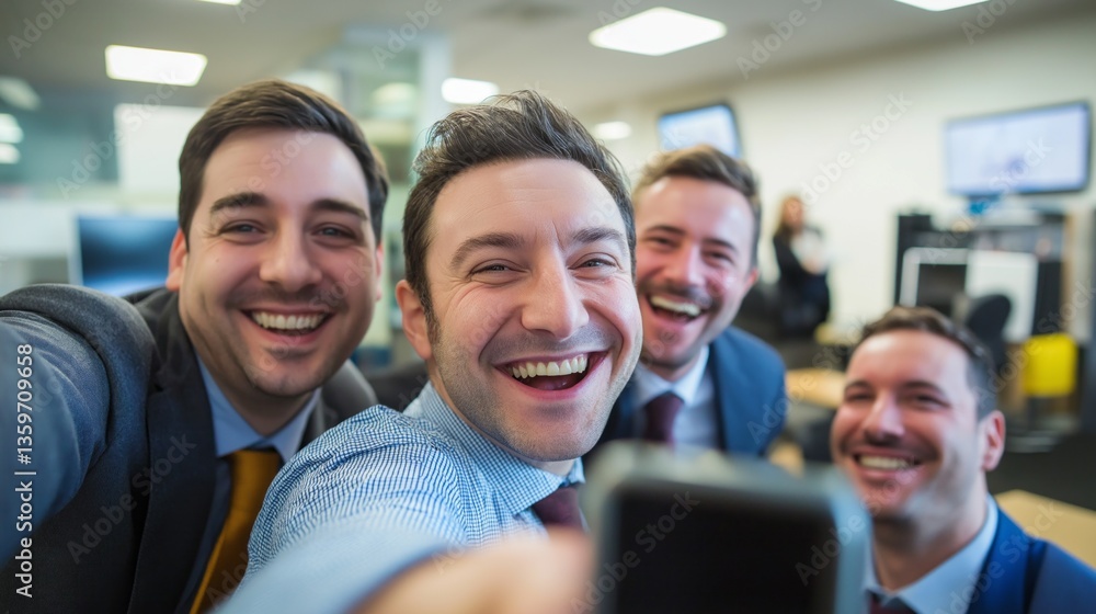 Obraz premium A group of cheerful colleagues pose closely together for a joyful selfie, radiating happiness and camaraderie in a modern office space filled with technology and warm lighting