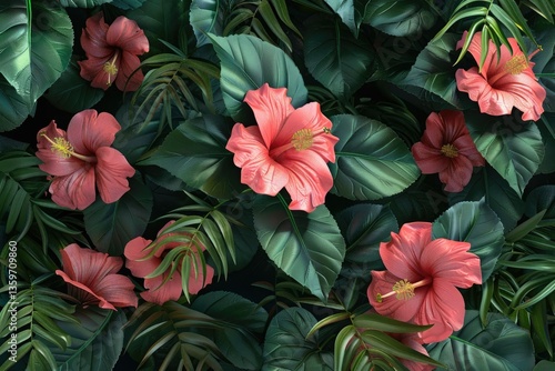Wallpaper Mural High Quality Visual of Hibiscus Flowers and Leaves Background 3D Illustration Torontodigital.ca