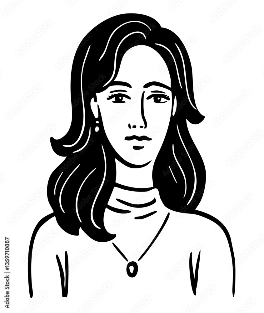 Hand drawn portrait sketch of beautiful young woman. Brunette girl with cute face. Vector black and white art illustration on white background. Outline style Hand drawn portrait sketch of beautiful young woman. Brunette girl with cute face. Vector black and white art illustration on white background. Outline style