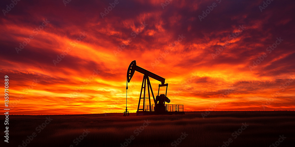 Silhouette of oil pump against fiery sunset sky, depicting energy production and natural resources, showcasing dramatic contrast and landscape Silhouette of oil pump against fiery sunset sky, depicting energy production and natural resources, showcasing dramatic contrast and landscape
