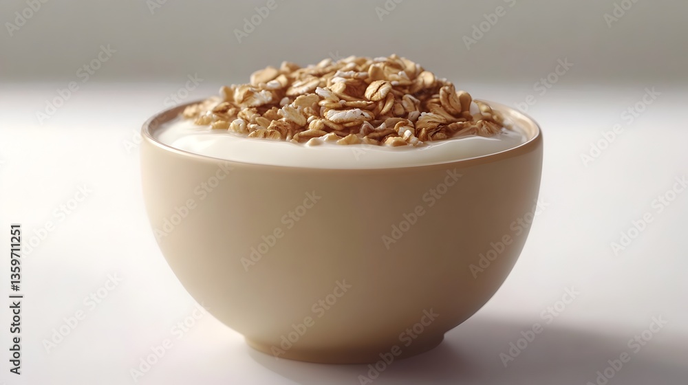 A beige bowl of creamy yogurt topped with crunchy oat granola sits on a white surface ready for a healthy breakfast. A beige bowl of creamy yogurt topped with crunchy oat granola sits on a white surface ready for a healthy breakfast.