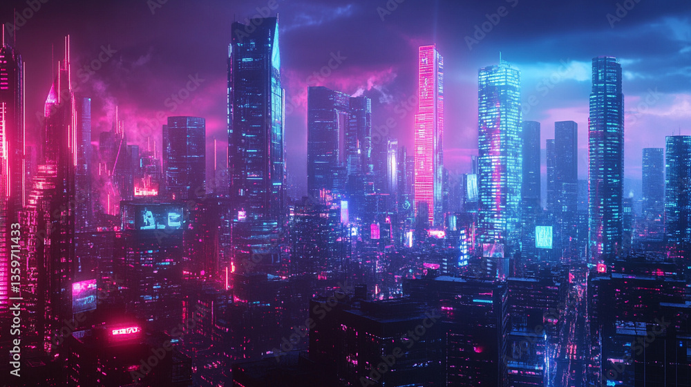 Fototapeta premium Glowing neon light switch on a colorful abstract background with a digital technology theme