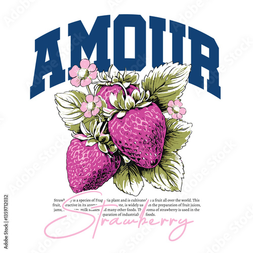 Amour strawberry print design- vector,  Strawberry Lovers Shirt, Retro Strawberry T-Shirt, Trendy Strawberry Tee,fruit print. illustration. Strawberry flat vector illustration.