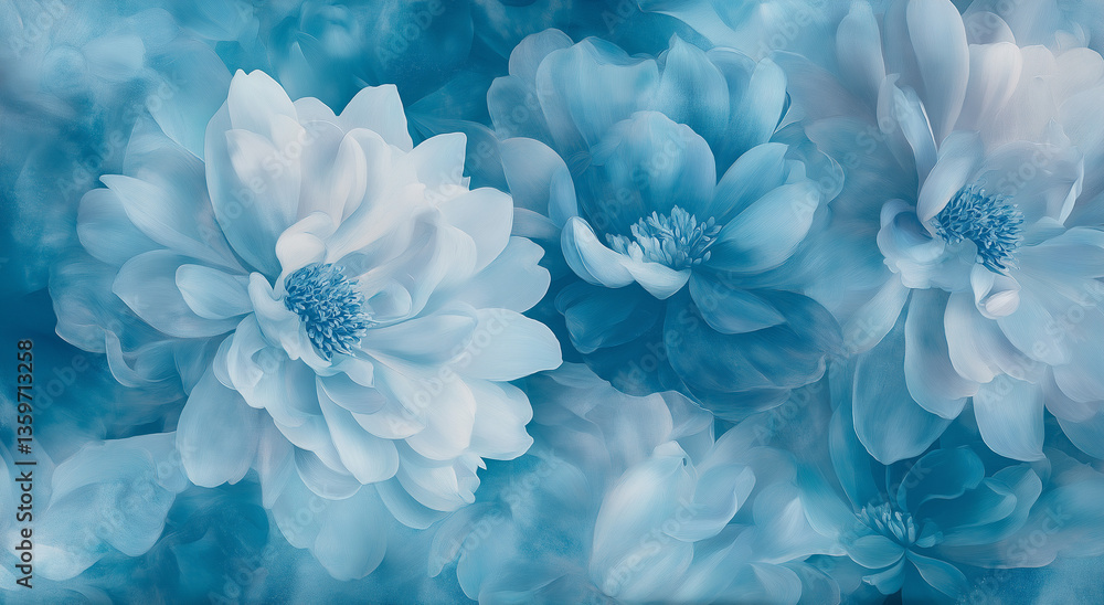 Obraz premium Flores de foco suave em tons de azul sonhadores, capturando beleza etérea e ambiente tranquilo.
