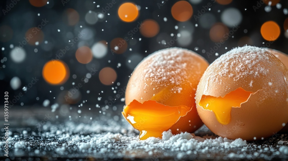 Two cracked eggs, yolk spilling, powdered sugar, festive backdrop Two cracked eggs, yolk spilling, powdered sugar, festive backdrop