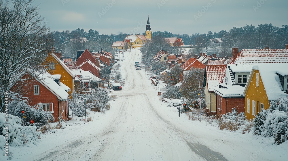 Fototapeta premium Snow-Covered Small Town Landscape in Picturesque Winter Setting
