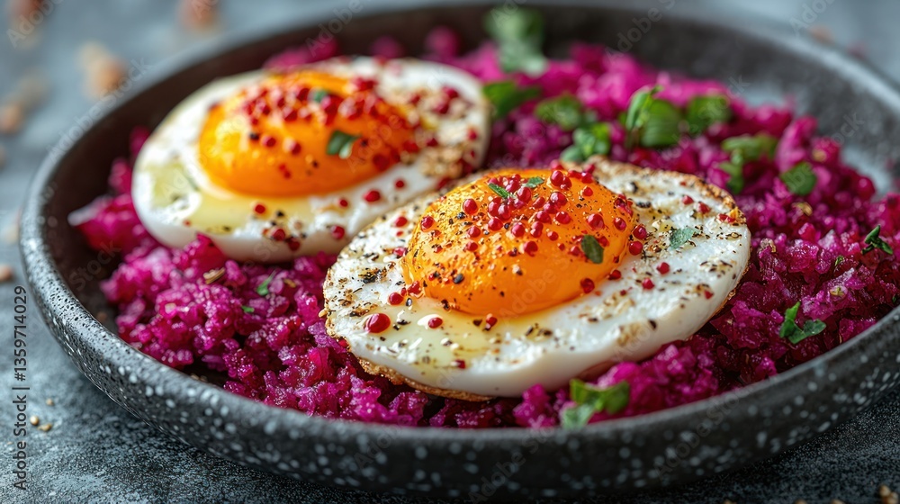 Two fried eggs atop vibrant beetroot grain dish Two fried eggs atop vibrant beetroot grain dish