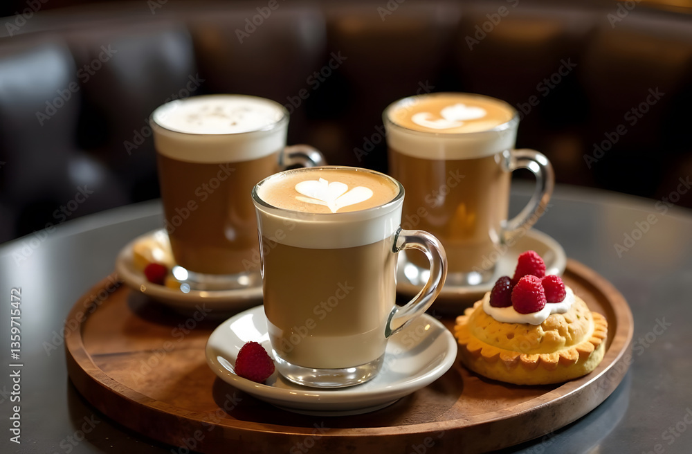Fototapeta premium coffee in a clear glass cup on the table in a coffee shop with dessert.