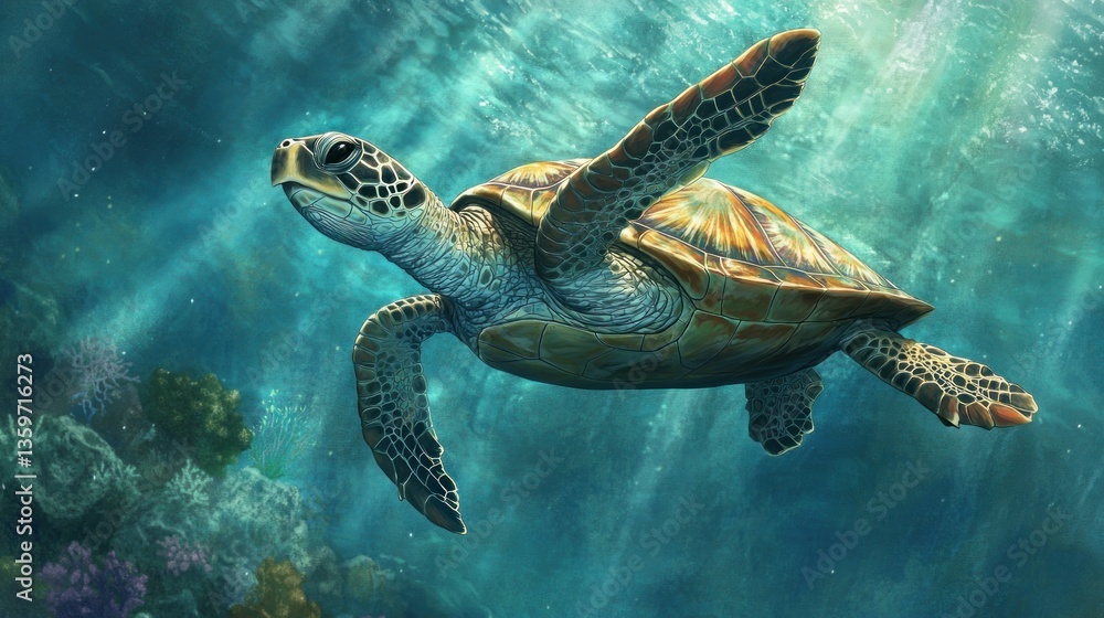 Obraz premium Sea Turtle Swimming Underwater