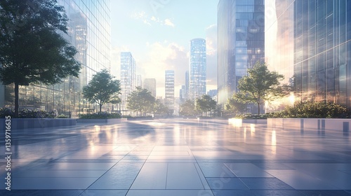 Fototapeta Naklejka Na Ścianę i Meble -  Large open square with smooth, reflective tiles, the city skyline visible in the distance with gleaming glass buildings, sunlight highlighting the clean urban space 