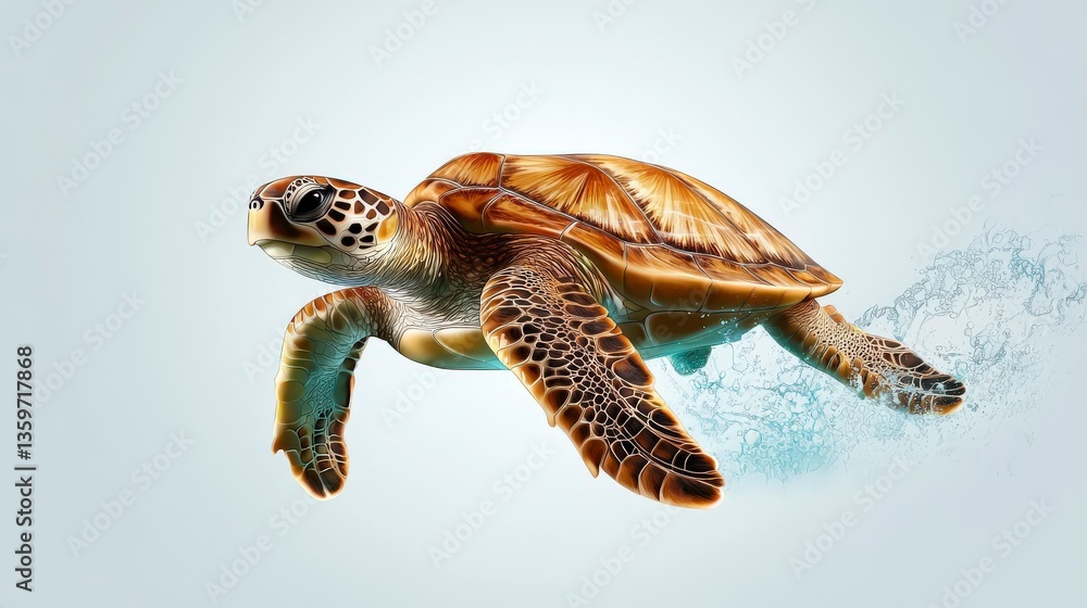 Fototapeta premium Underwater Journey: A sea turtle gracefully navigates through the aquatic realm, its shell shimmering. This image captures the beauty of marine life and the wonders of the underwater world. 