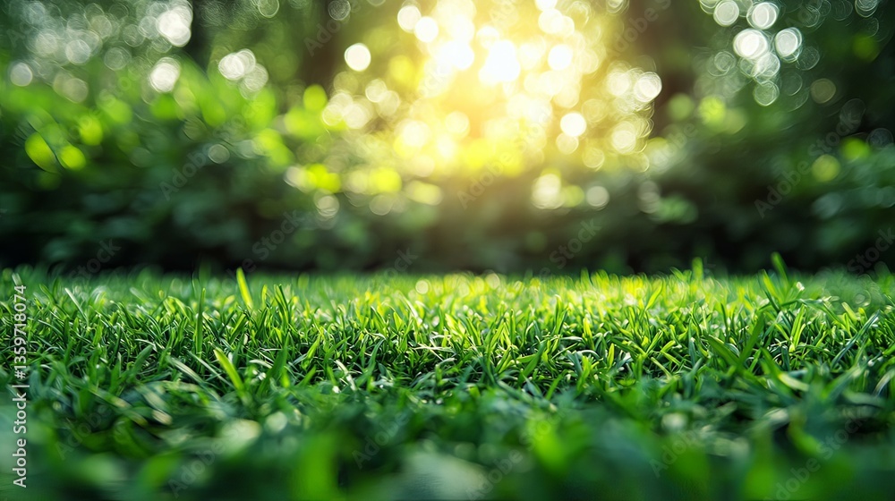 Naklejka premium Lush Green Grass in Sunlit Forest