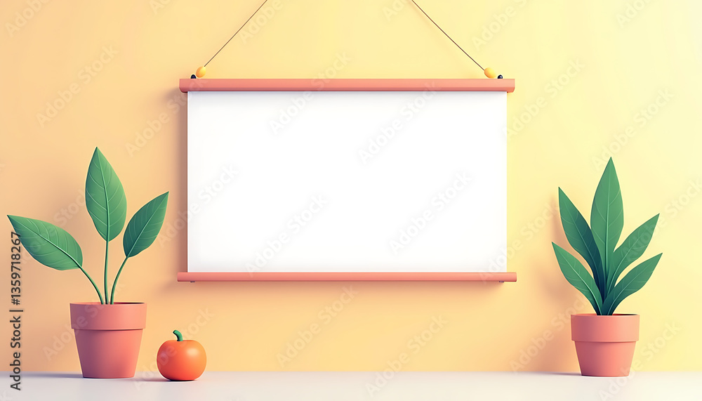Fototapeta premium Indoor plants with blank canvas on pastel yellow wall