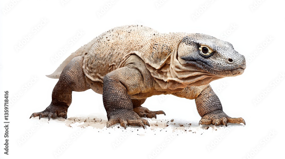 Obraz premium Komodo Dragon's Stance: This photorealistic shot of a Komodo dragon in a direct pose, highlighting the details of the scaly texture, muscular build, and captivating stare, against a simple background.