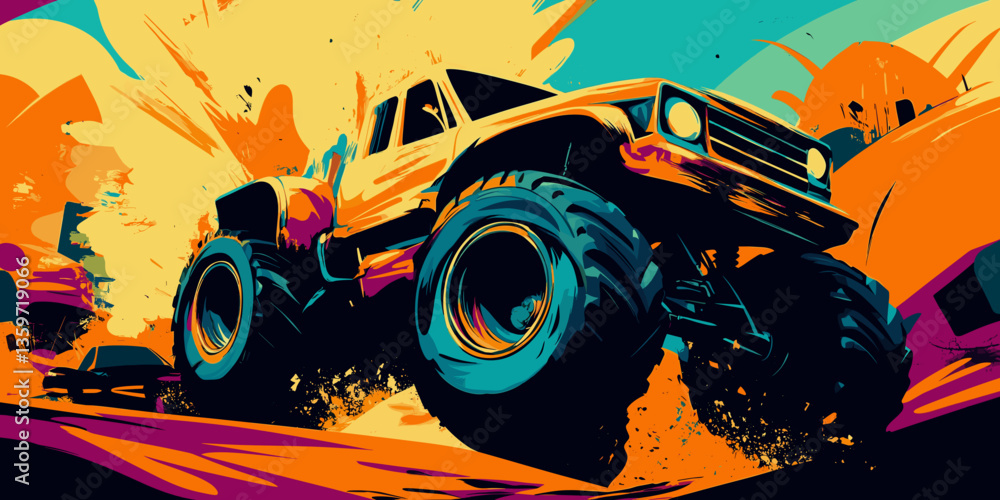 Obraz premium Monster truck performing stunts with vibrant colors and explosive action