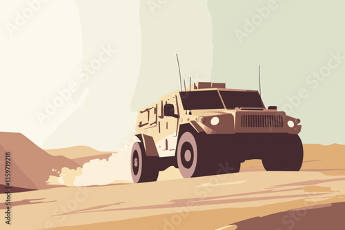 Military vehicle driving through desert terrain with rugged design and dynamic motion
